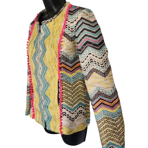Molly Bracken Boho Aztec Print with Pom Poms Jacket Size Medium - Picture 8 of 16
